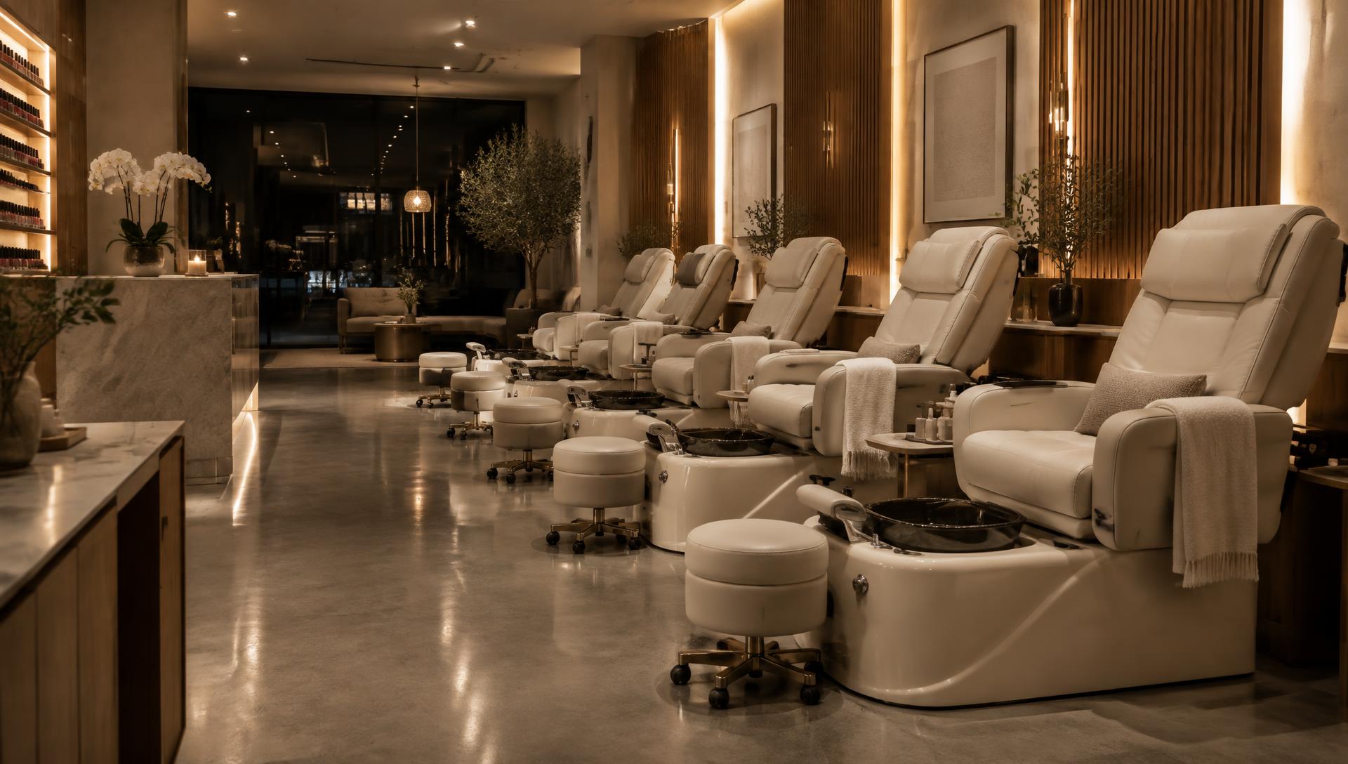 An immaculate modern nail salon interior after a nightly reset