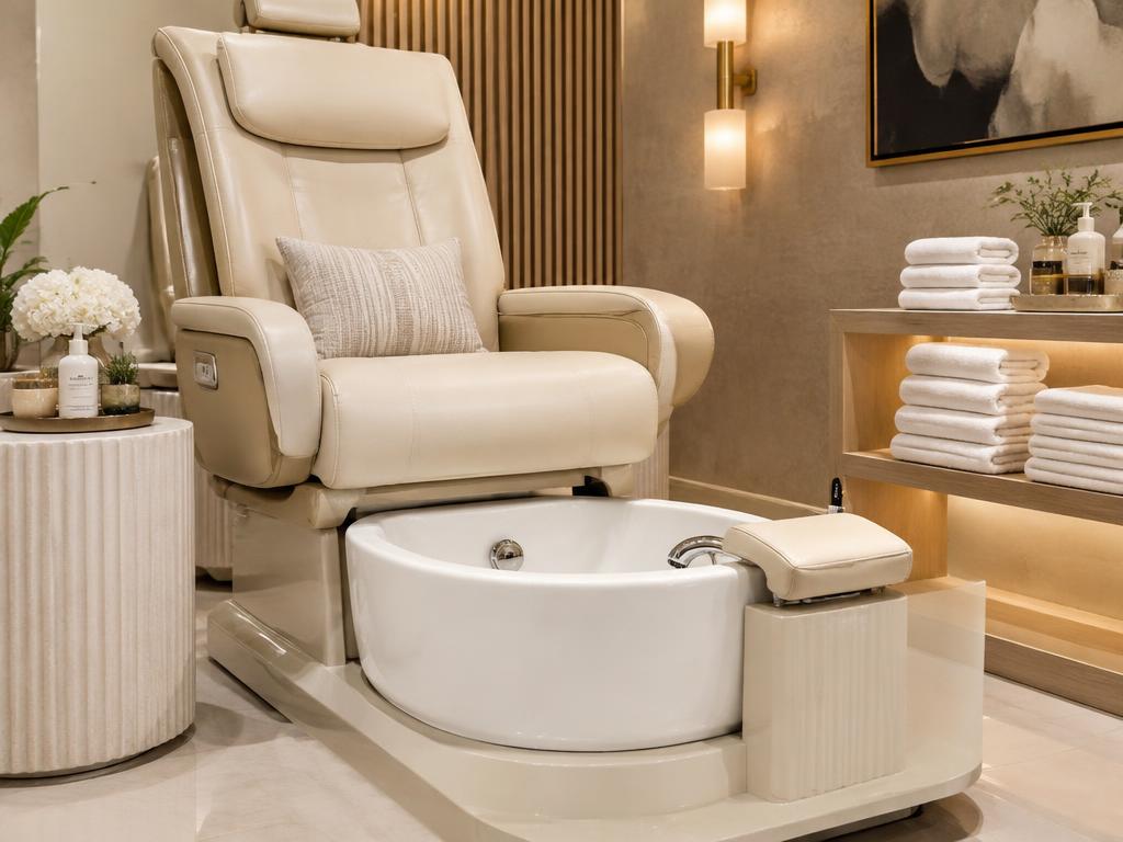 A spotless pedicure chair and bowl prepared for the next day